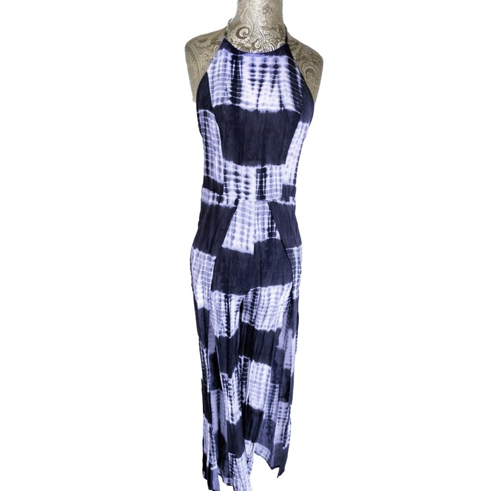 SAGE Blue & White Tye Dye Halter Neck Jumpsuit Size M With Side Slits